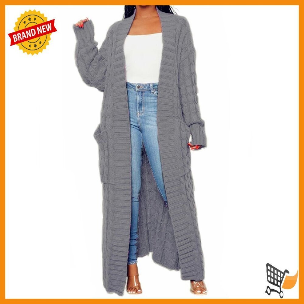 Chunky Cable Knit Cardigan with Pockets, Oversized Fit, Ankle Length